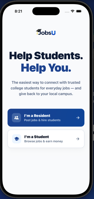JobsU app home screen